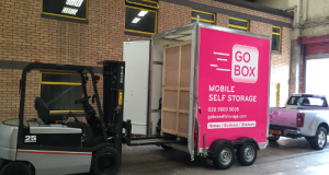 A Forklift Truck unloads a Storage Pod from the Go Box Trailer