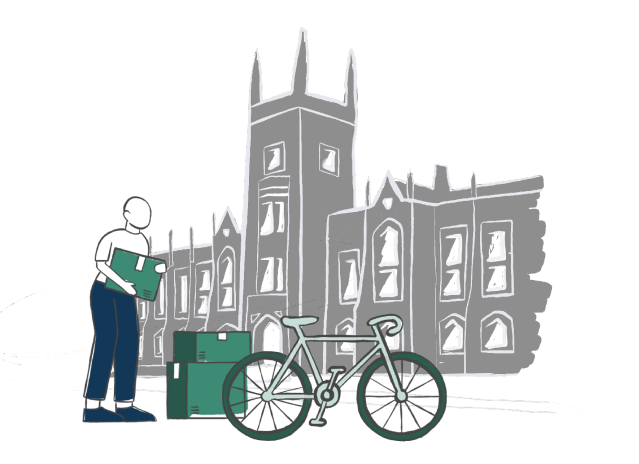 A person standing next to a bike is gazing at a simplified drawing of a gothic-style building.
